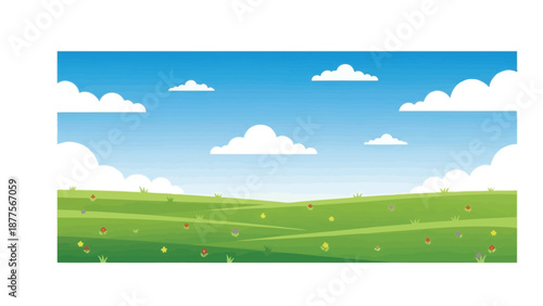 Serene landscape with green hills and vibrant flowers under a clear blue sky with white clouds on a sunny day in a picturesque countryside setting with rolling hills