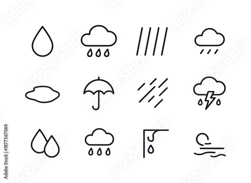 Rain Symbol Icons. Rain symbols. Line icon set of Rain symbols: raindrop, rain cloud, heavy rain lines, drizzle, puddle icon, umbrella outline, wind-blown