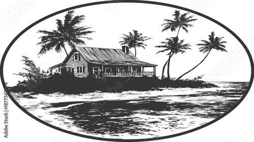 Black and white illustration of a tropical scene, a house, palm trees, and ocean, within a circle