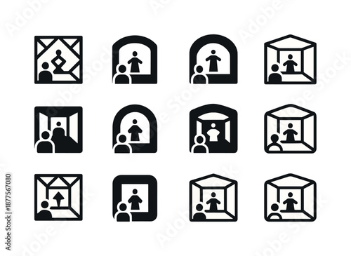 Interactive Theater Logos. Interactive theater. Icon set. Set Logo of interactive theater: immersive room scene. harmonious logo variations of the same