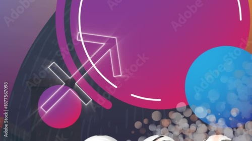 Composition of red curve curved colourful music stave and notes over purple lights on black