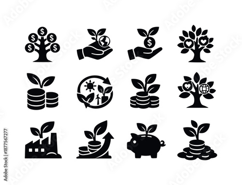 Green Finance Icons. Green finance. Solid icon set of Green finance: eco money tree, sustainable finance plant, green investment icon, ethical wealth tree, eco