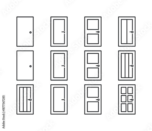 Wooden Door Icons. wooden door. Line icon set of wooden door: minimal door, simple outline, rectangular shape, door panel, small knob, hinge dot, thin frame,