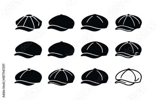 Newsboy Cap Icons. Newsboy cap. Icon set. Set Logo of Newsboy cap: Vintage wool cap: Abstract geometric, Symmetrical form, Filled silhouette, Minimal outline,