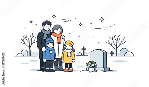 Family Winter Cemetery Visit. Family visiting cemetery winter moment. Family dressed in coats and scarves standing together in a peaceful cemetery. Calm winter