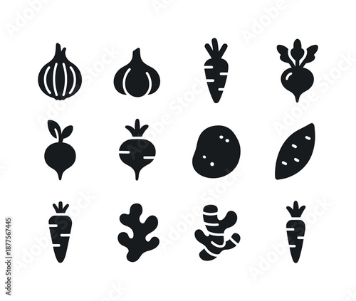 Root Vegetables Icons. Root vegetables. Solid icon set of root vegetables: onion, garlic, carrot, beet, radish, turnip, potato, yam, parsnip, ginger, turmeric