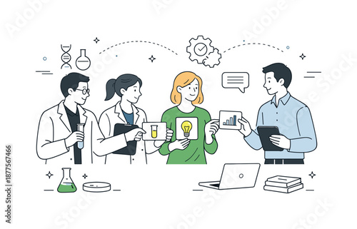 Collaborative Research Exchange. Collaborative research teams. Scientists and coordinators exchanging information cards and insights. Professional teamwork,