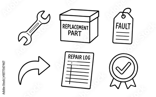 Hand drawn maintenance icons: tools, parts, and repair symbols