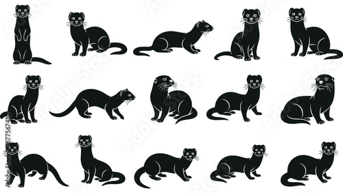 Collection of fifteen ferret silhouettes in various poses including standing, sitting, walking, and lying for wildlife design illustration