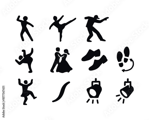 Dance Icon Set. Dance. Solid icon set of dance: dancer silhouette, ballet pose figure, hip-hop dancer, contemporary dance move, breakdance spin icon, ballroom