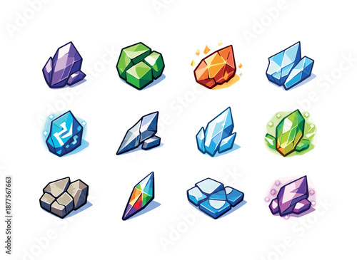 Colorful Shard Icons. Shard. Colorful isometric vector icons set of shard: crystal shard, fractured gem piece, glowing fragment, broken glass chip, magic rune