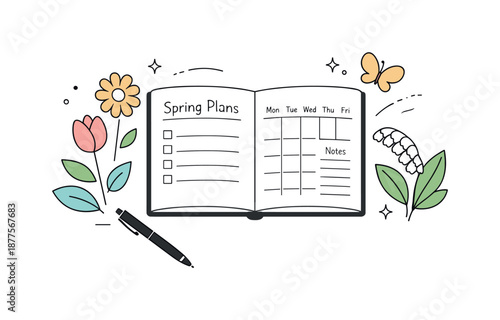Spring Desk Planning. Spring planning illustration. A desk scene with a planner, pen, and spring accents like flowers and abstract leaves. The mood