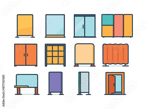 Modern Partition Icons. Modern room partitions. Colorful flat vector icons set of modern room partitions: minimalist panel, frosted glass panel, sleek metal