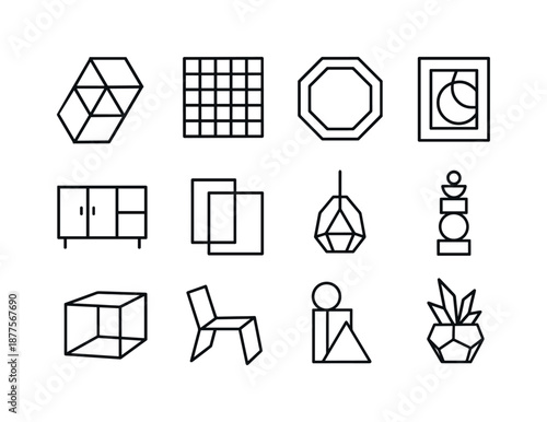 Geometric Interior Icons. Geometric interior decor. Line icon set of Geometric interior decor: geometric shelf, wall grid, polygon mirror, abstract wall art,
