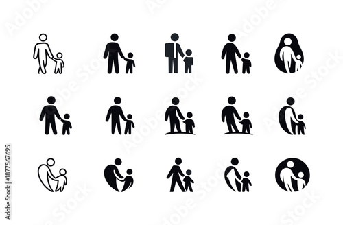 Parent-Child Logo Set. Parent-child connection. Icon set. Set Logo of parent-child connection: parent holding child?s hand. harmonious logo variations of the