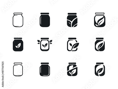 Plastic-Free Lifestyle Icons. plastic-free lifestyle. Icon set. Set Logo of plastic-free lifestyle: glass jar alternative. harmonious logo variations of the