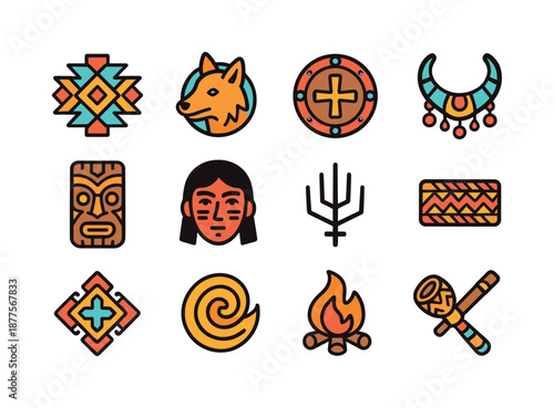Indigenous Icon Set. Indigenous symbols. Colorful isometric vector icons set of indigenous symbols: tribal patterns, spirit animal icon, symbolic shield,