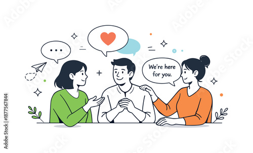 Empathy in Workplace. Supportive work culture. Colleagues having an open conversation with speech bubbles and heart icons, showing empathy and psychological