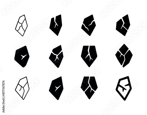 Shattered Mirror Logos. Shard. Icon set. Set Logo of shard: shattered mirror piece. harmonious logo variations of the same emblematic concept, each with