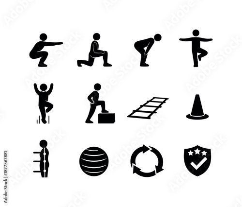 Fitness Icons Grid. Fitness assessments and body measurements. Solid icon set of movement assessments: squat form silhouette, lunge symbol, hinge icon, balance