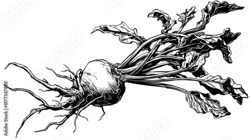 A detailed black and white illustration of a beet with roots and leafy greens