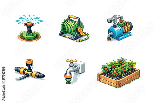 Garden Irrigation Icons. Garden irrigation. Isometric flat vector icons set of Garden irrigation: garden sprinkler, hose reel, water pump, drip line connector,