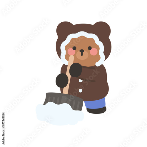 A cute bear shoveling snow outside wearing a hooded coat mittens and winter pants