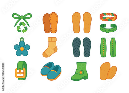 Eco-friendly Shoe Icons. Eco-friendly Footwear Accessories. Colorful flat vector icons set of Eco-friendly Footwear Accessories: recycled shoelaces, upcycled