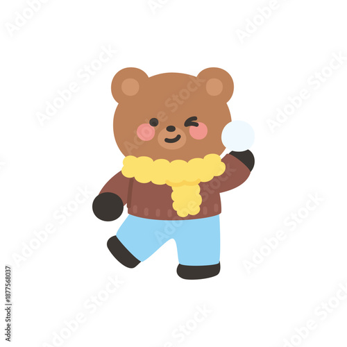 A cute bear holding a snowball ready to throw