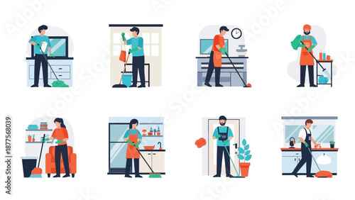 Various cleaning professionals working diligently with cleaning equipment in different settings and rooms with a focus on their attire and tasks in a modern home environment setting always.