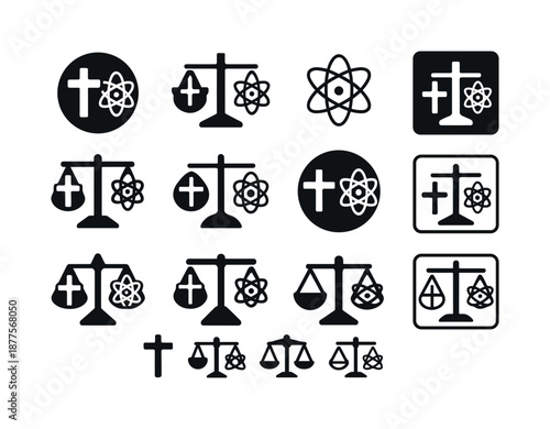 Faith vs Reason Icons. Christian faith and the science-religion debate. Icon set. Set Logo of Christian faith and the science-religion debate: Faith vs reason