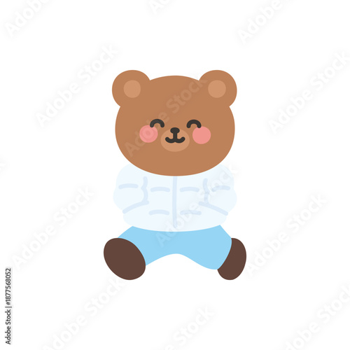 A cute bear jumping with legs wide apart while keeping both hands inside its pants pockets