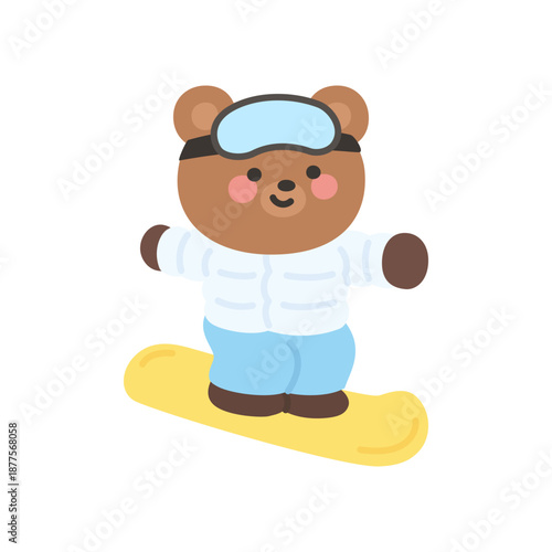 A cute bear snowboarding downhill wearing goggles