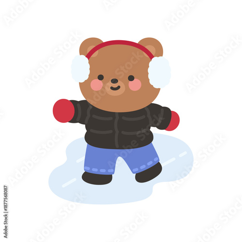 A cute bear sliding across icy ground with arms out