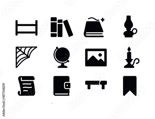 Vintage Bookshelf Icons. Old bookshelf. Solid icon set of old bookshelf: wooden shelf, stacked books, dusty book, antique lamp, cobweb corner, vintage globe,