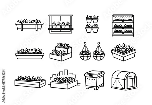 Urban Farming Icons. Urban farming. Line icon set of small-space growing setups: balcony rail planter, window herb shelf, wall-mounted pots, indoor grow rack,