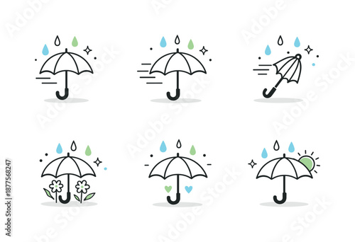 Spring Umbrella Icons. Spring rain umbrella icon set. Minimal umbrella symbols combined with soft raindrops and motion lines, expressing light rainfall and