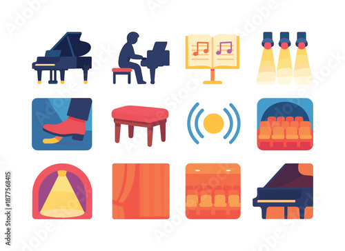 Piano Recital Icons. Piano Recitals. Colorful flat vector icons set of Piano Recitals: grand piano, pianist silhouette, open sheet music, soft stage lights,
