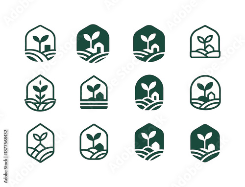 Farm Greenhouse Icons. A small farm with a hand-built greenhouse for growing vegetables. Icon set. Set Logo of A small farm with a hand-built greenhouse for