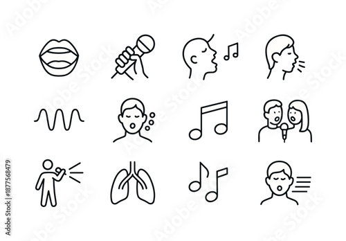 Vocal Icons Collection. Vocal Performance Actions. Line icon set of Vocal Performance Actions: singing mouth, hand on mic, belting note, soft singing, vibrato