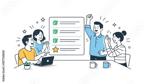 Team Success Celebration. Productivity team success. Team reviewing completed tasks and celebrating progress together. Positive momentum, motivation and shared