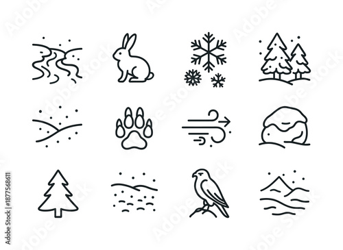 Winter Animal Icons. Snowy landscapes with animals in winter habitats. Line icon set of snowy landscapes with animals in winter habitats: frozen stream, rabbit