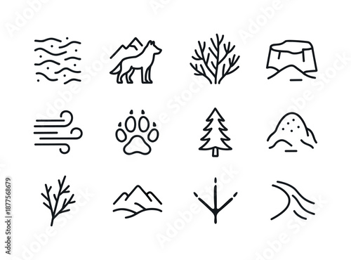 Winter Animal Icon Set. Snowy landscapes with animals in winter habitats. Line icon set of snowy landscapes with animals in winter habitats: snow crust
