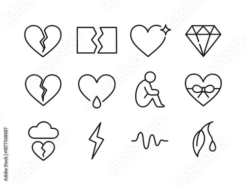 Heartbreak Icon Set. Heartbreak elements. Line icon set of Heartbreak elements: broken heart, torn paper, fading spark, cracked gem, shattered symbol, falling