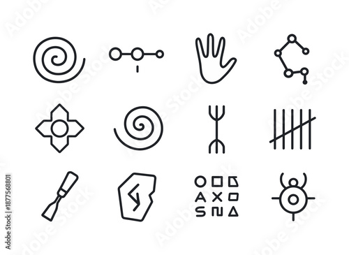 Alien Cave Icon Art. Alien cave paintings and symbols. Line icon set of Alien cave paintings and symbols: spiraled glyph, star alignment marking, alien