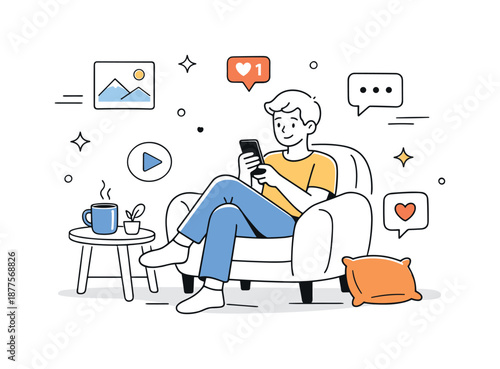 Calm Social Scrolling. Social media scrolling daily routine. Individual sitting comfortably while browsing posts and images, calm mood and habitual online