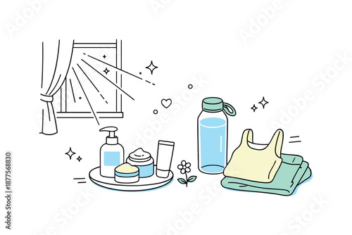 Spring Self-Care Essentials. Spring self-care prep. A peaceful scene with skincare, light clothing and a water bottle arranged near a window with sun rays,