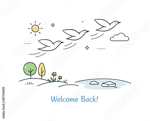 Birds Return Home. Bird migration return concept illustration. Minimal editorial understanding of birds coming back after winter, gentle movement, open sky
