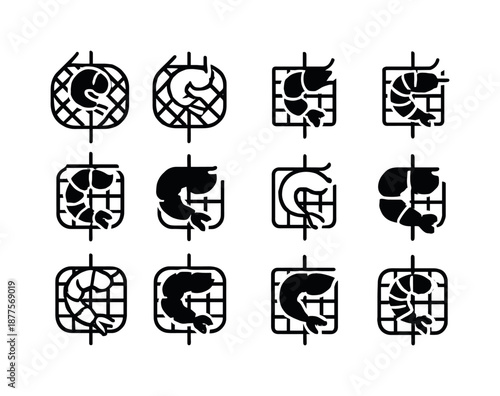 Shrimp Skewer Icons. Shrimp skewers. Icon set. Set Logo of shrimp skewers: grill grate pattern. harmonious logo variations of the same emblematic concept, each