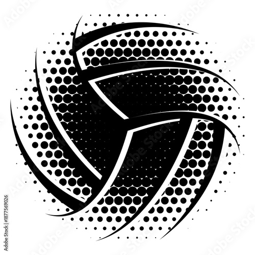 Dynamic Halftone Volleyball Design with Abstract Swirls and Gradient Dot Pattern, Ideal for Sports Graphics.